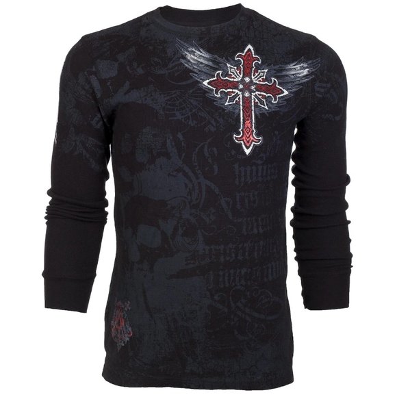 ARCHAIC by AFFLICTION Men's Long Sleeve THERMAL Shirt RED FLAG Biker Black - Picture 2 of 7
